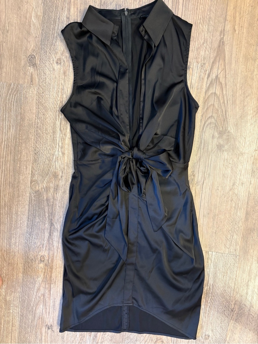 Symphony Black Sleeveless Collared Satin Tie-Front Mini Dress